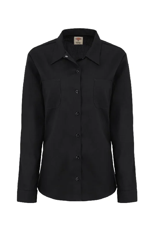 Dickies Womens Industrial Wrinkle Resistant Long Sleeve Button Down Work Shirt w/ Double Pockets - Black - NEW