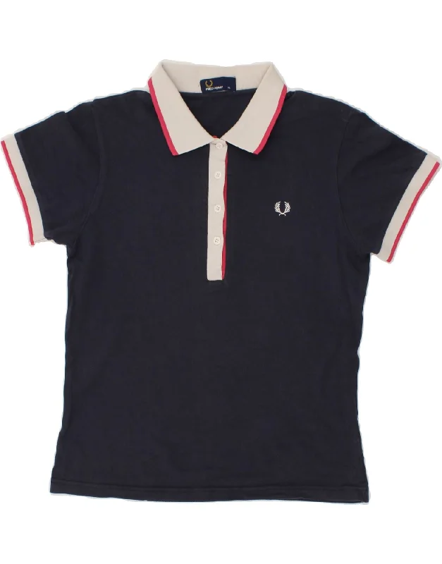 FRED PERRY Womens Polo Shirt UK 18 XL Navy Blue Colourblock Cotton