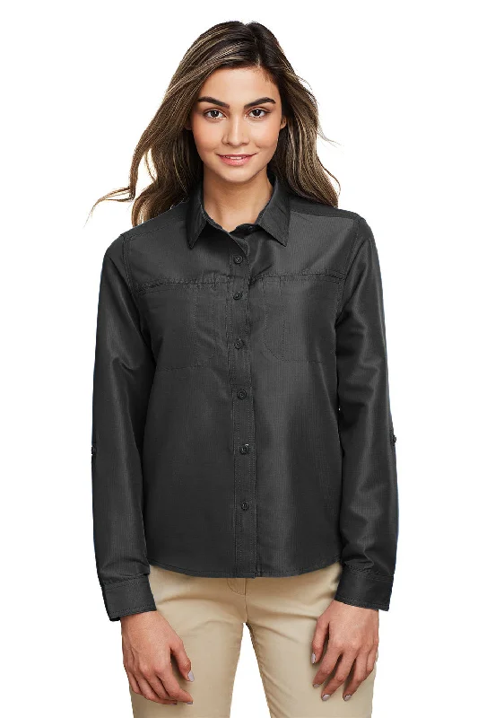 Harriton Womens Key West Performance Moisture Wicking Long Sleeve Button Down Shirt w/ Pocket - Dark Charcoal Grey