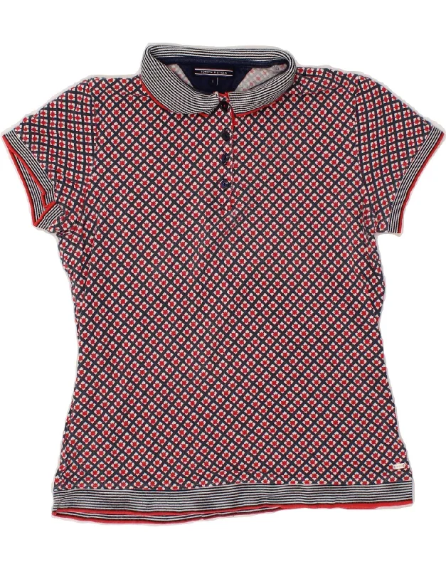 TOMMY HILFIGER Womens Polo Shirt UK 14 Large Red Geometric