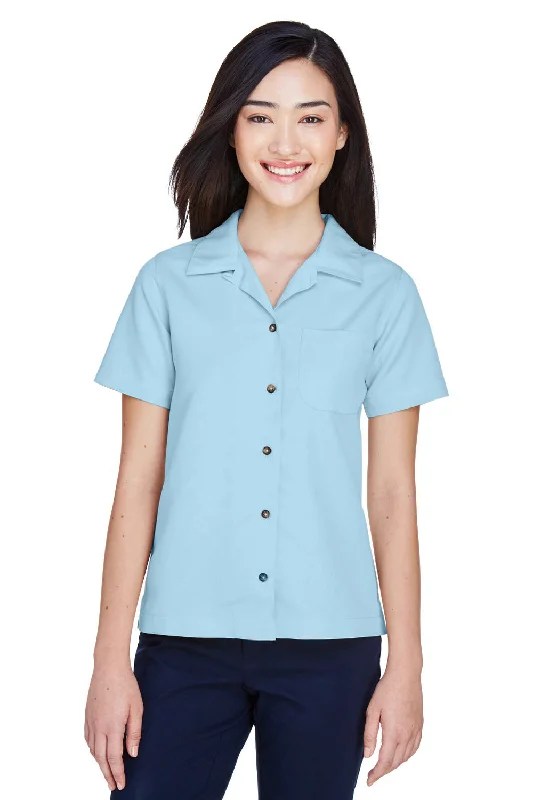 UltraClub Womens Cabana Breeze Short Sleeve Button Down Camp Shirt w/ Pocket - Island Blue - Closeout