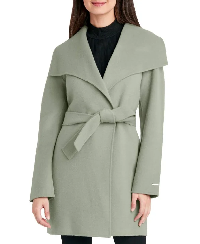 Tahari Women's Wool Wrap Coat with Tie Belt, Sage