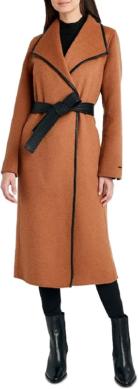 Tahari Women's Black Juliette Double Face Wool Belted Coat with Faux Leather Trim Caramel