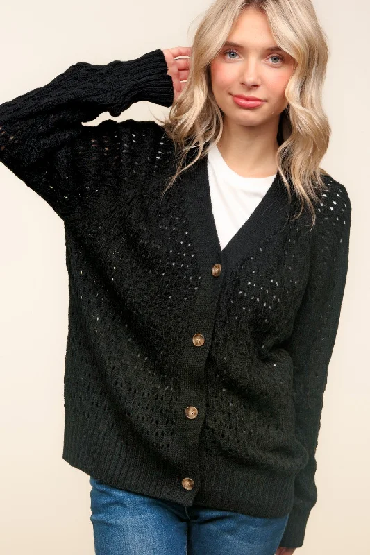 Black V Neck Button Down Raglan Pointelle Sweater Cardigan