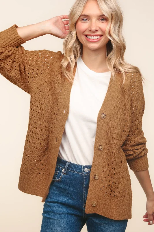 Camel V Neck Button Down Raglan Pointelle Sweater Cardigan