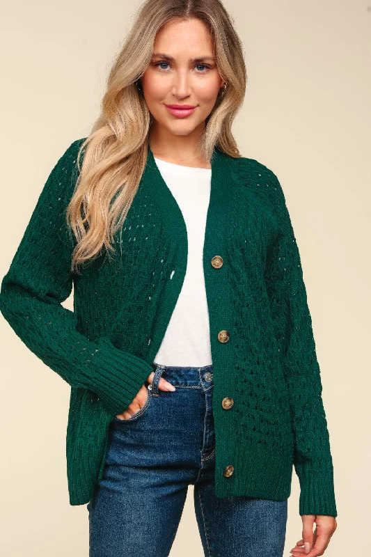 Hunter Green V Neck Button Down Raglan Pointelle Sweater Cardigan