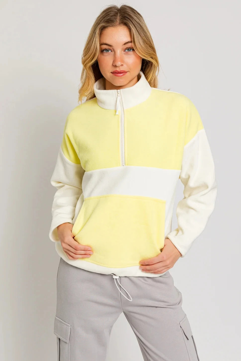 Color Block Fleece Zip Up Drawstring Hem Sweatshirt