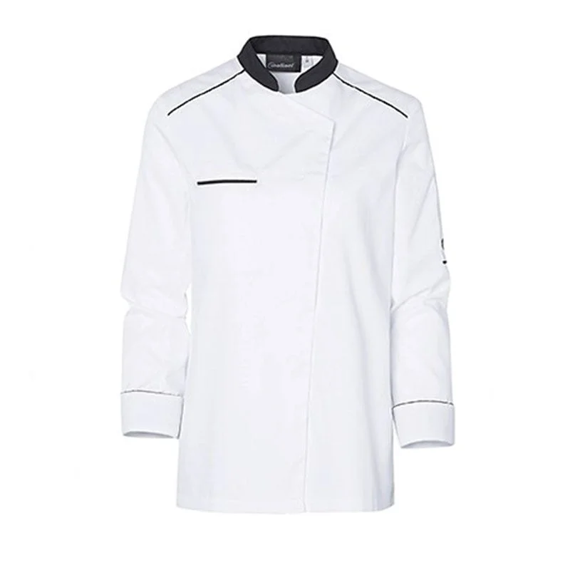 Néospirit White Kitchen Coat with Black Piping Women Long Sleeve - MOLINEL