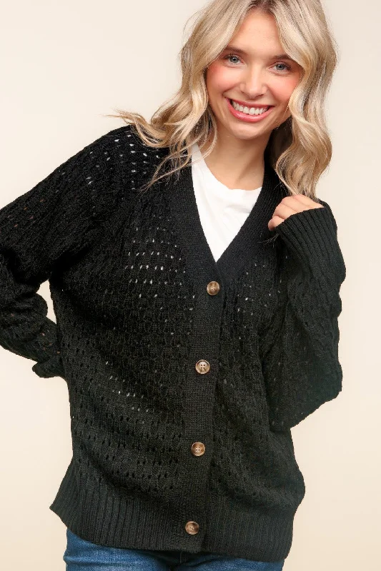 Plus Black V Neck Button Down Raglan Pointelle Sweater Cardigan