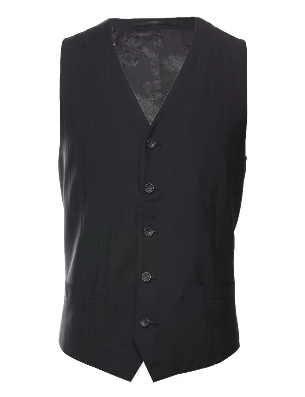 Button Front Black Waistcoat - L