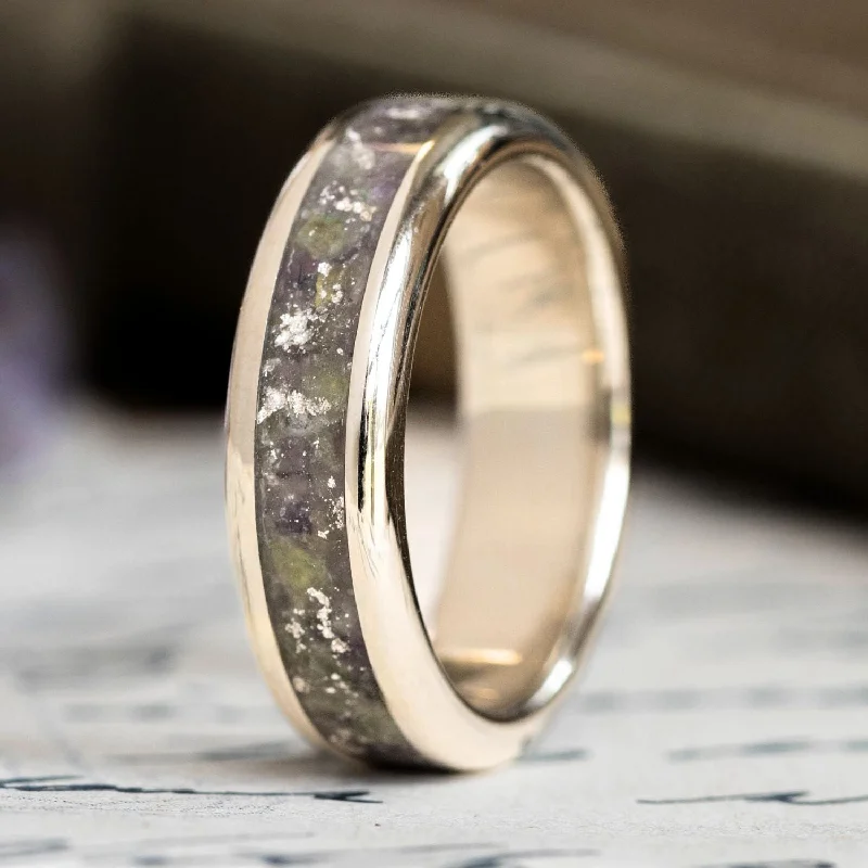 Personalized Jewelry Sale – Unique Gifts At Low Prices (In-Stock) Custom 18k White Gold Ring with Moonstone, Amethyst, Peridot, & Silver Flakes - Size 7.25 | 6mm Wide