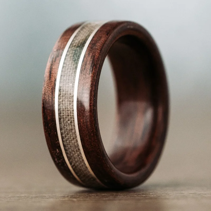 Elevate Your Outfit With Discounted Statement Jewelry (In-Stock) Custom M1 Garand Rifle Stock Wood Wedding Band with Army Multicam Fabric and Dual Sterling Silver Inlays - Size 11.25 | 9mm Wide