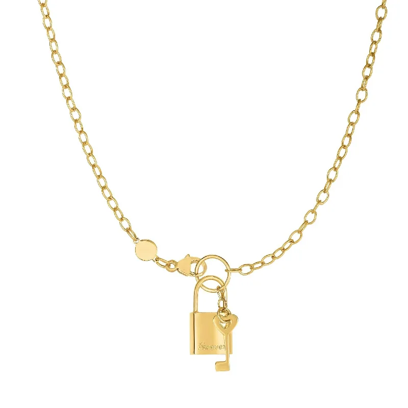 Elevate Your Outfit With Discounted Statement Jewelry 14kt Gold 18 inches Yellow Finish Chain:3+Element:9x18mm Shiny Lock+Key Necklace with Lobster Clasp